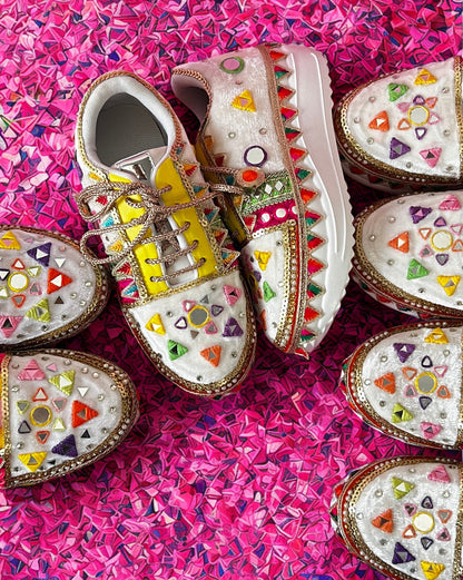 FUNKY N TRENDY “Yellow neon mirror work Handcrafted Sneakers – Mirror Magic”