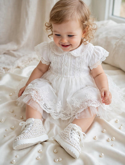 Funky N Trendy – White Pearl Bridal Boots for Baby Girls | Crystal Embellished Birthday Boots with Zipper