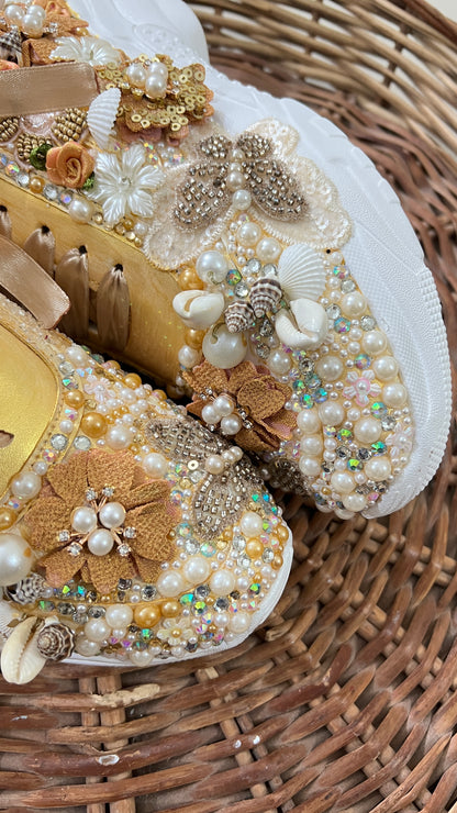 FUNKY N TRENDY gold butterfly embroidery sneakers for brides /gold embroidered sneakers/ handcrafted sneakers/ butterfly sneakers / bridal sneakers / bridesmaid sneakers/ gold and white hand work sneakers