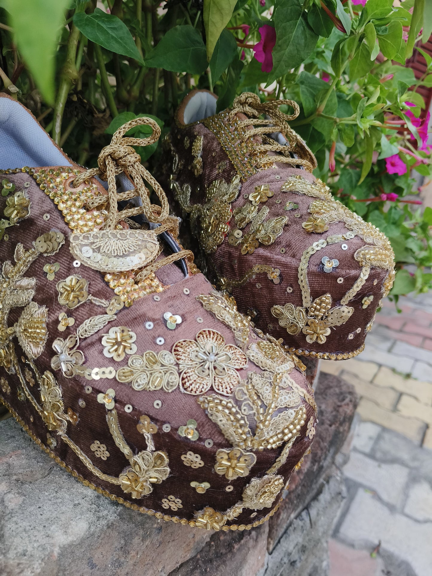 FUNKY N TRENDY rose gold with golden Embroidered bridal sneakers - wedge sneakers heeled sneakers/ sequine work sneakers/ brown sneakers