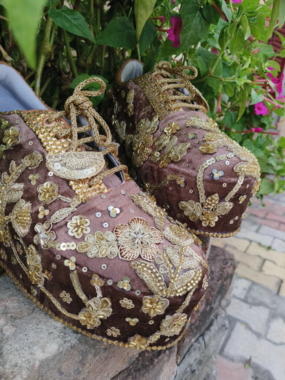 FUNKY N TRENDY rose gold with golden Embroidered bridal sneakers - wedge sneakers heeled sneakers/ sequine work sneakers/ brown sneakers