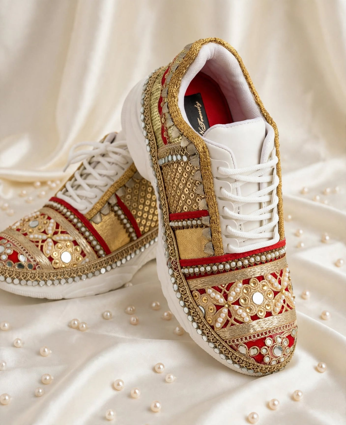 FUNKY N TRENDY red and gold sneakers for brides /bridesmaids / sneakers for bridesmaids/ handcrafted sneakers/ gold sneakers / bridal sneakers / bridesmaid sneakers/ gold sneakers / red shoes