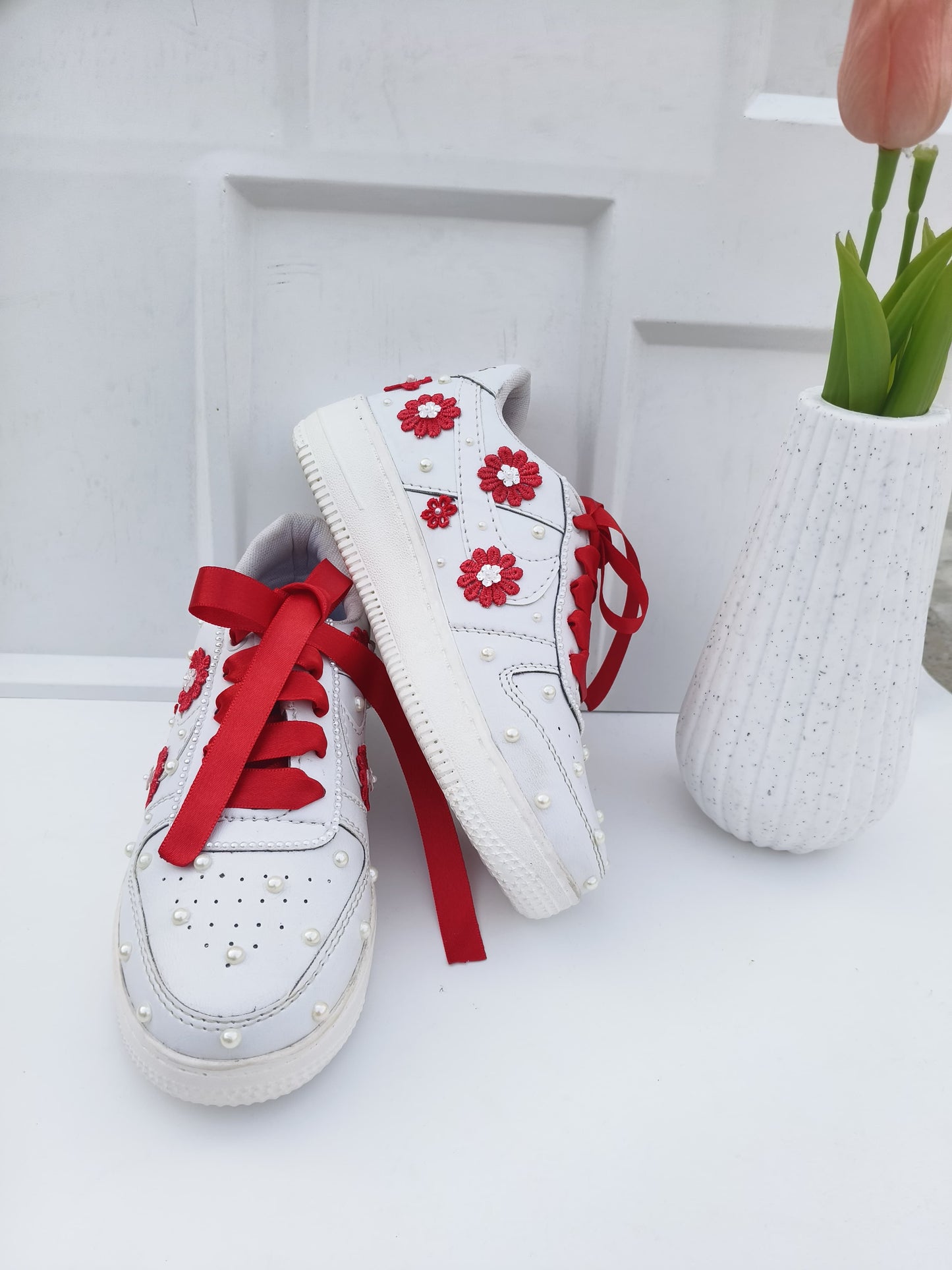 Funky N Trendy red and white pearl work sneakers with floral detailing / bridal sneakers/ sneaker for bride / white sneakers/ pearl sneakers for bride personalised sneakers for brides