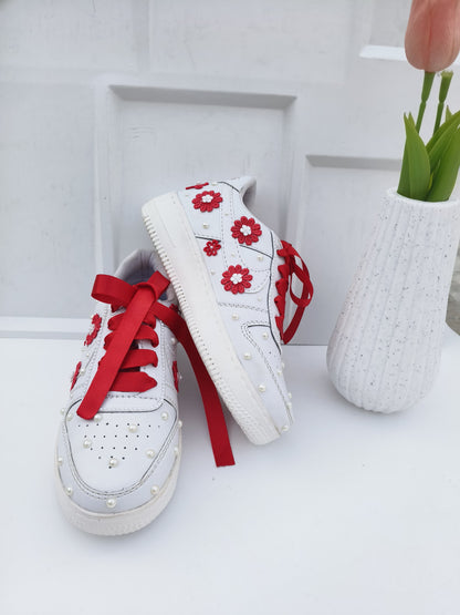 Funky N Trendy red and white pearl work sneakers with floral detailing / bridal sneakers/ sneaker for bride / white sneakers/ pearl sneakers for bride personalised sneakers for brides