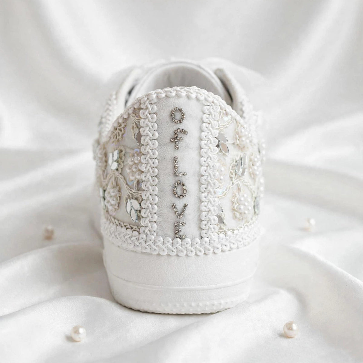 Pearl Embellished Bridal Sneakers – Handmade Wedding Shoes for Brides & Bridesmaids with customized name / hashtag