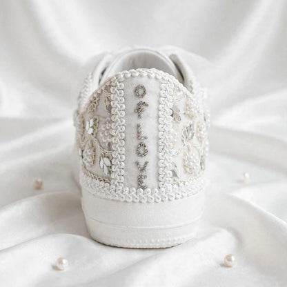 Pearl Embellished Bridal Sneakers – Handmade Wedding Shoes for Brides & Bridesmaids with customized name / hashtag