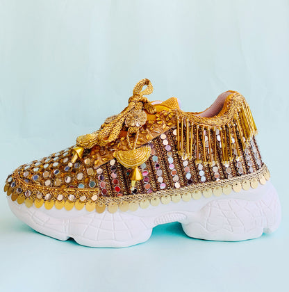 FUNKY N TRENDY gold mirror heeled sneakers for brides and bridesmaids