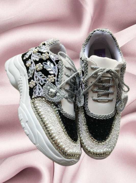 Funky N Trendy handcrafted mirror work bridal sneakers/ bridesmaid sneaker / black sneakers /black boho sneakers/ black shoes/ mirror sneakers/ black shoes