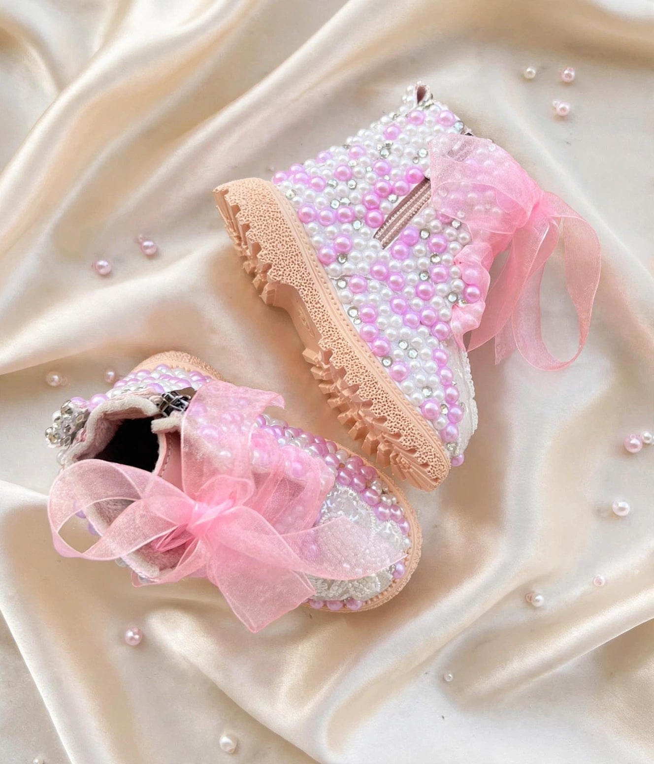 Handcrafted Butterfly & Pearl Custom Boots | Pink Organza Bows - Funky N Trendy
