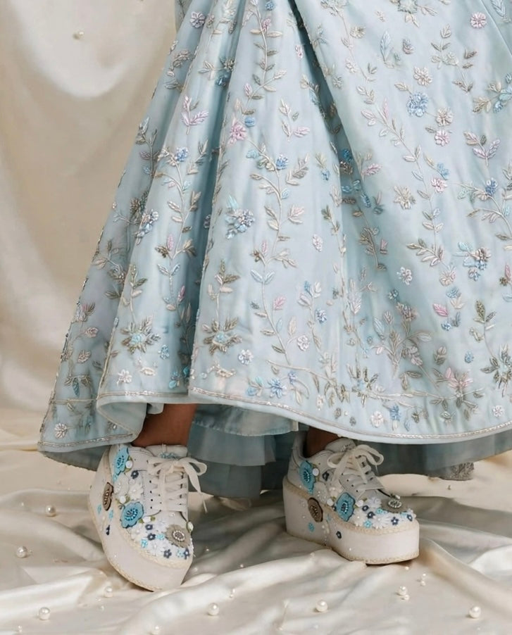 Princess Blue Floral Embroidered Platform Bridal Sneakers - White Wedding Sneakers for Bride