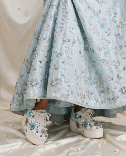 Princess Blue Floral Embroidered Platform Bridal Sneakers - White Wedding Sneakers for Bride
