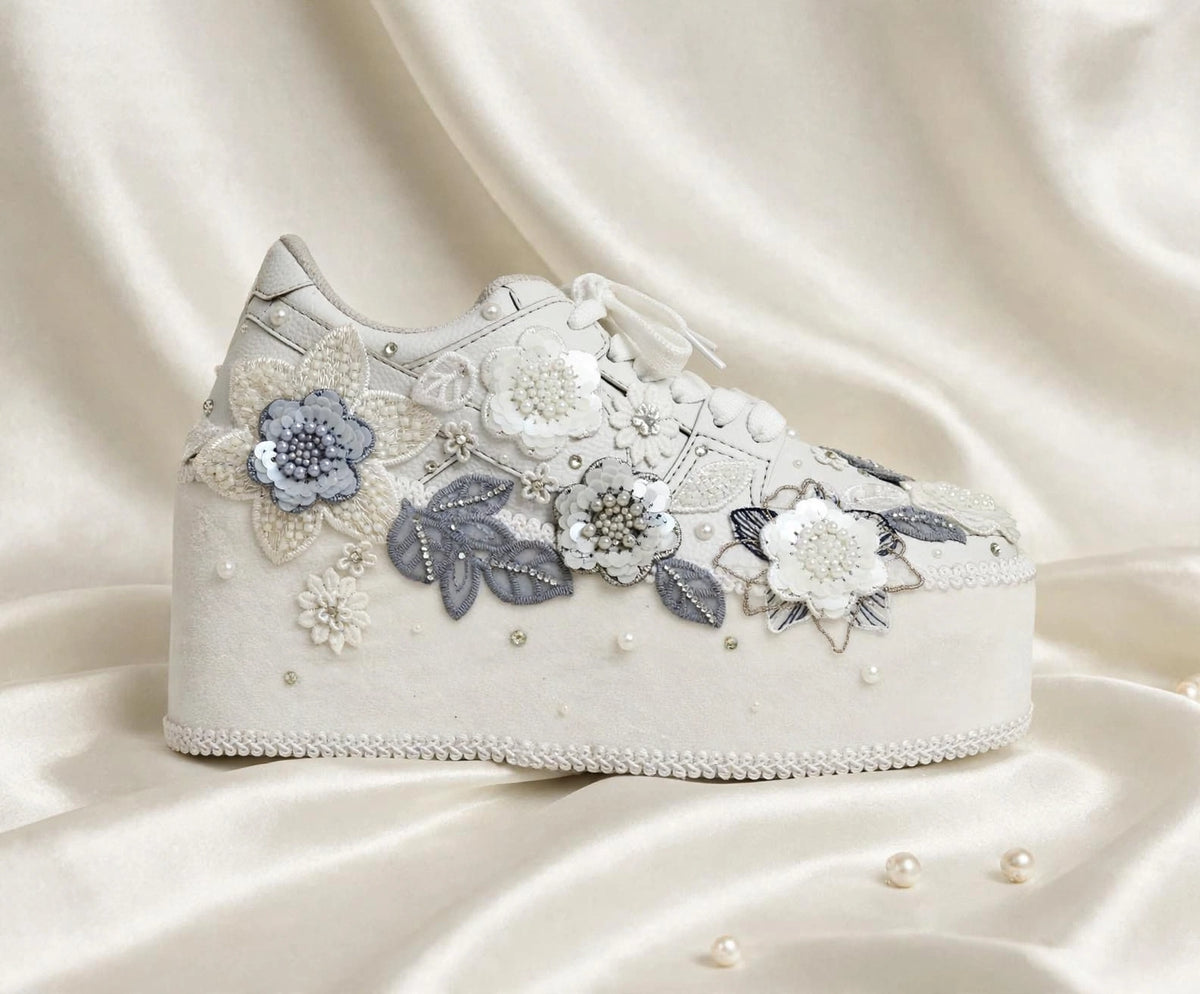 Customized White and Gray garden Bridal Sneakers with Name initials / wedding date– Wedding Shoes for Bride/ white sneakers