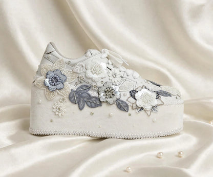 Customized White and Gray garden Bridal Sneakers with Name initials / wedding date– Wedding Shoes for Bride/ white sneakers