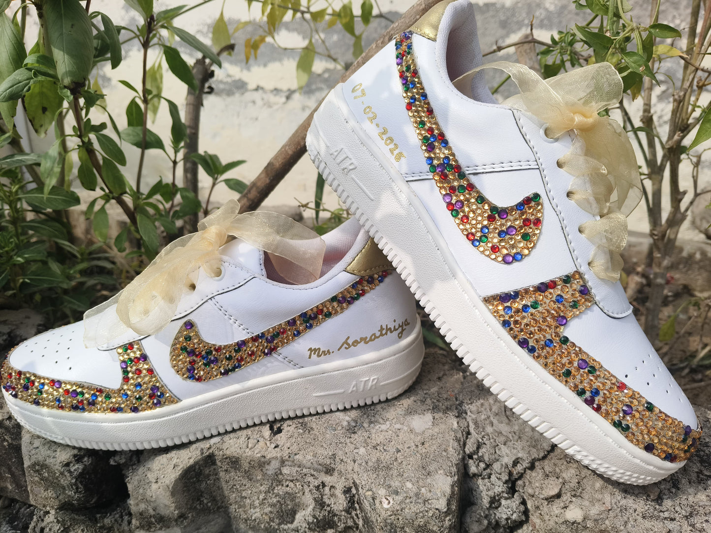 FUNKY N TRENDY multi colored rhinestone bridal sneakers / bridesmaid sneakers/ gold sneakers / gold shoes/stone sneakers studded shoes/ bride shoes/ white shoes