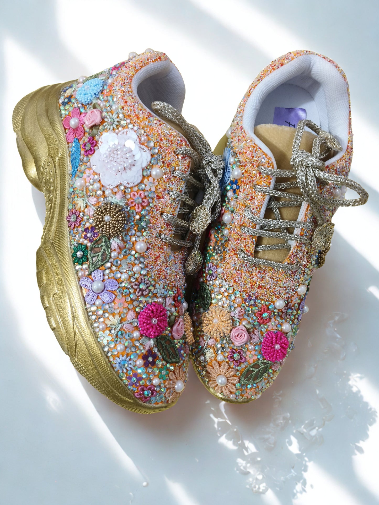 FUNKY N TRENDY fully hand crafted floral work with beads rhinestones cutdana sneakers / flower shoes / gold sneakers