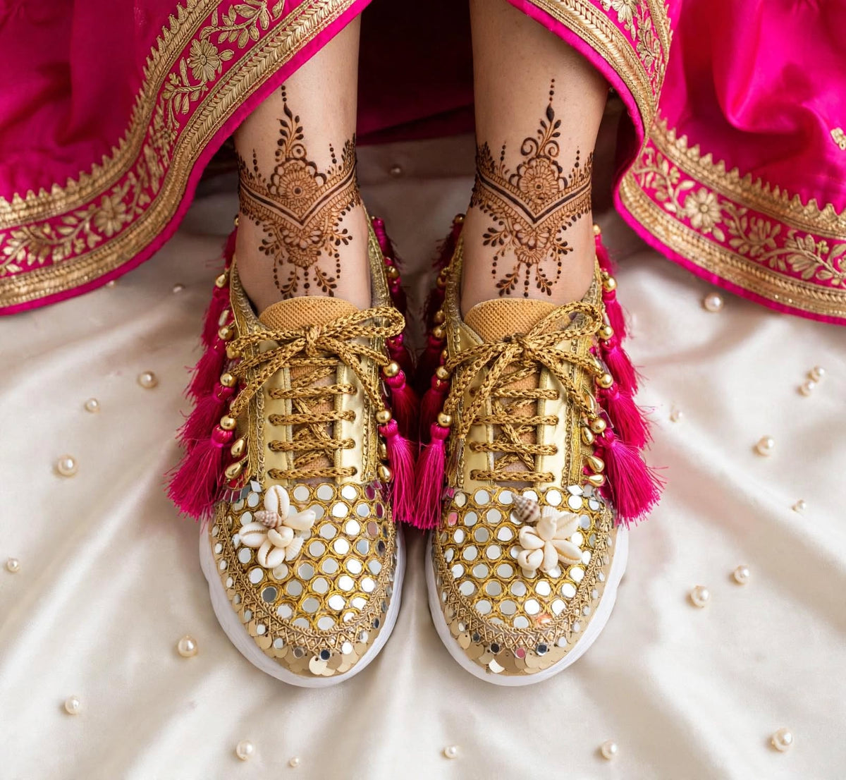 FUNKY N TRENDY megenta rani and gold sneakers for brides /bridesmaids / hot pink sneakers for bridesmaids/ handcrafted sneakers/ mirror sneakers / bridal sneakers / bridesmaid sneakers/ gold sneakers / megenta sneakers/ rani sneakers
