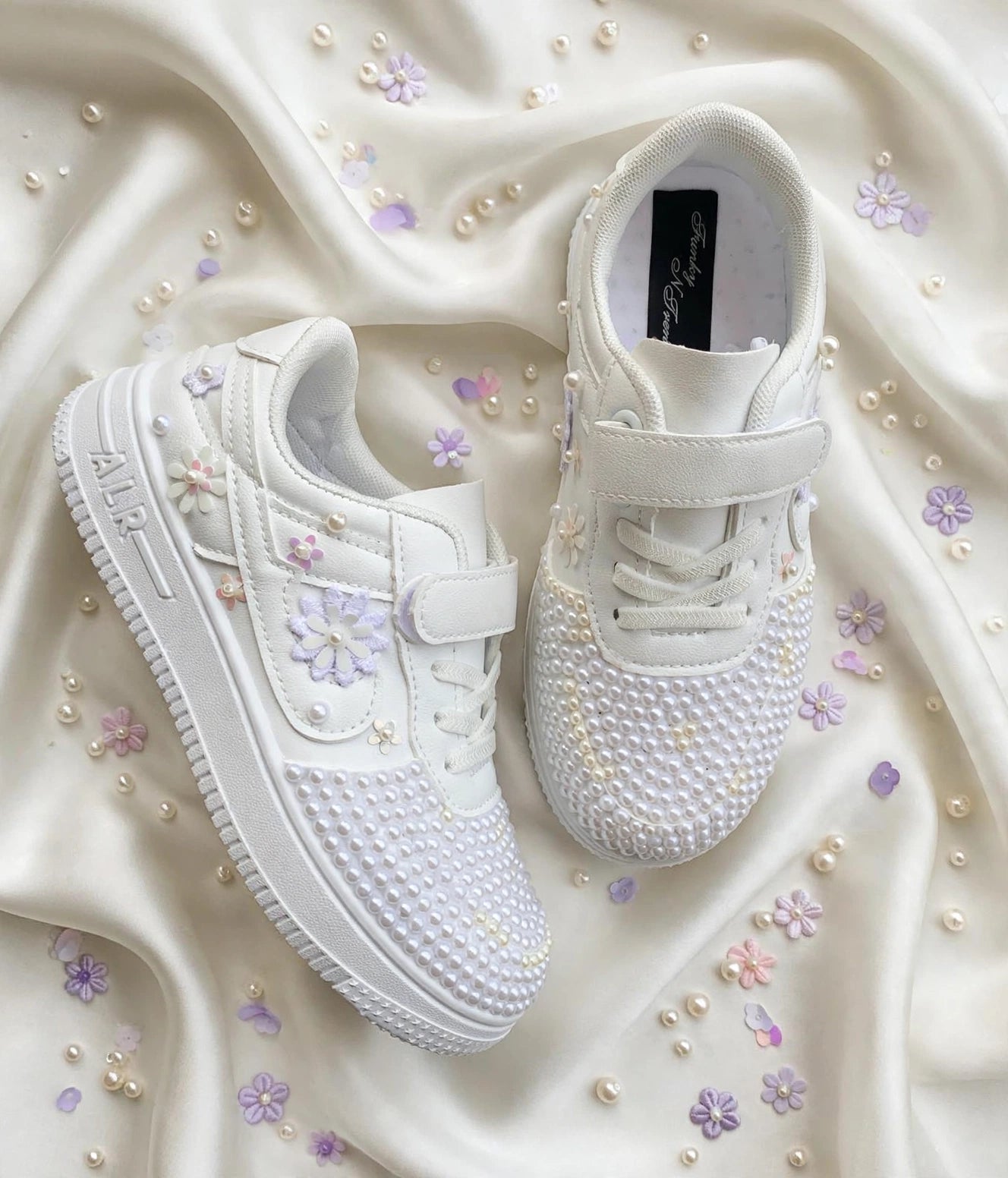 Funky N Trendy white floral sneakers/kids sneakers/ fliral shoes / kids shoes/ white sneakers / white pearl shoes for kids/handmade sneakers for kids