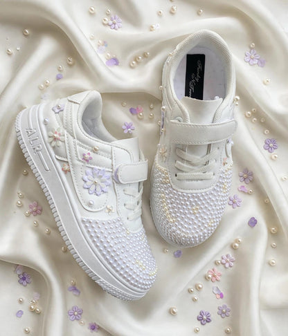Funky N Trendy white floral sneakers/kids sneakers/ fliral shoes / kids shoes/ white sneakers / white pearl shoes for kids/handmade sneakers for kids