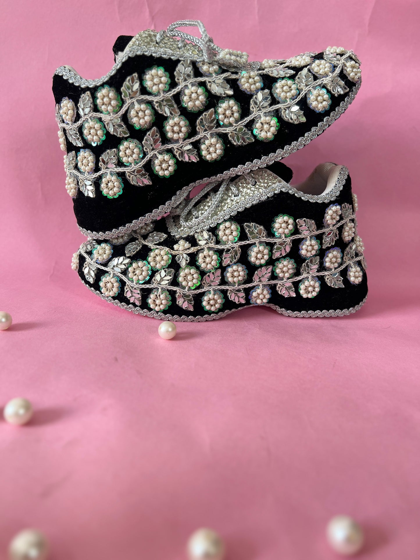 Funky N Trendy handcrafted hand embroidered mirror work bridal sneakers/ bridesmaid sneaker / black sneakers /black boho sneakers/ black shoes / women shoes