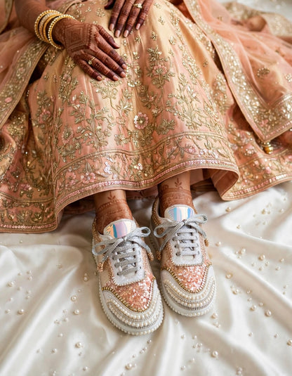 Peach Paradise – Rose Gold Sequin Pearl Sneakers | Bridal Sneakers India