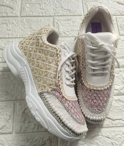 Funky N Trendy ivory and pink embroidery work bridal sneakers/ bridesmaid sneaker / golden sneakers/ pink sneakers / sequine work sneakers/ pink shoes/ silver golden sneakers
