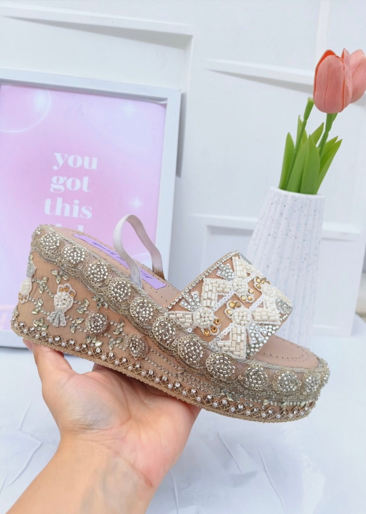 Handcrafted Bridal Embroidered Wedges - Beige / ivory