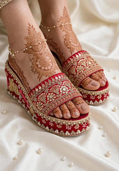 Handcrafted Bridal Embroidered Wedges - Red / Gold