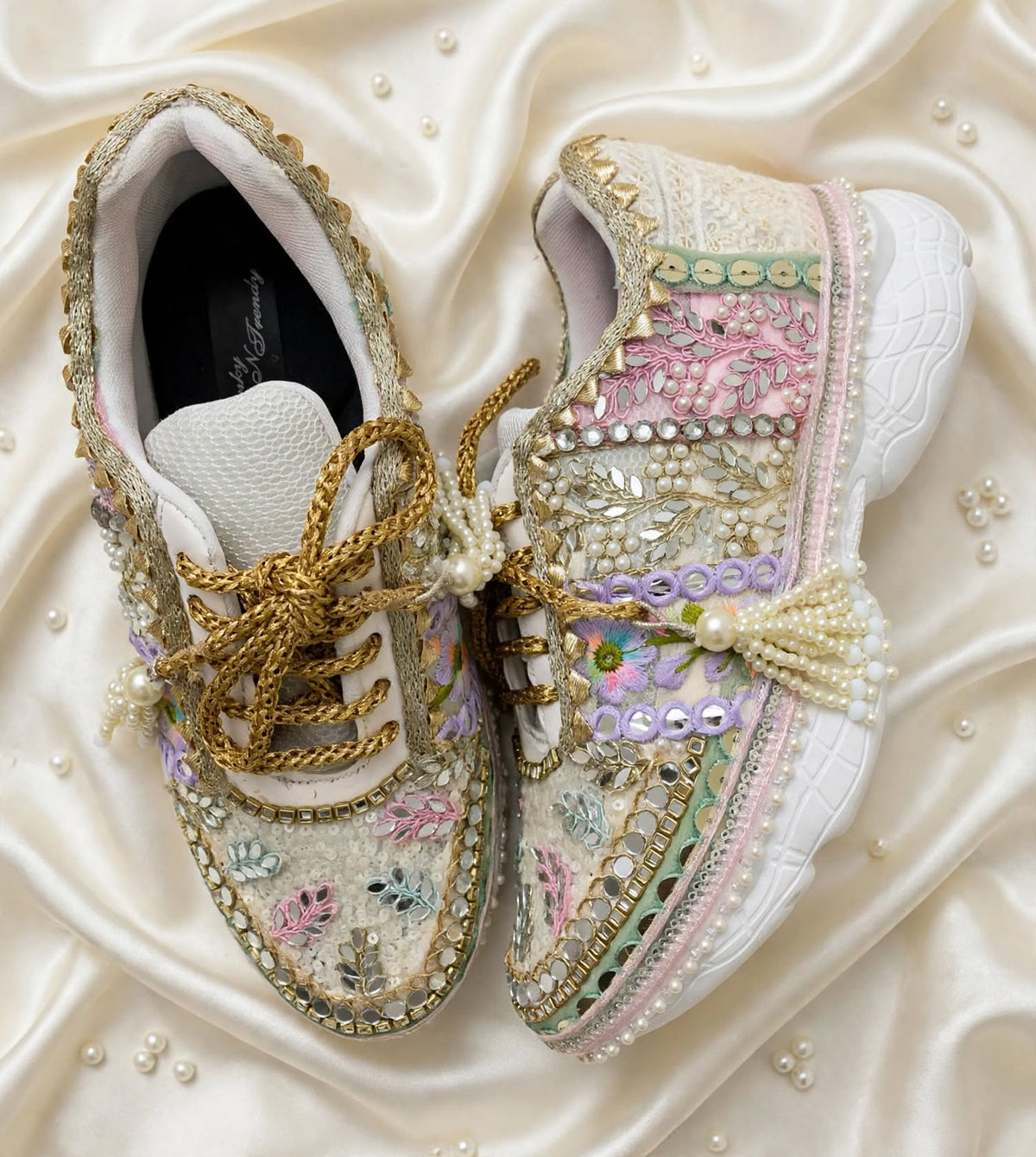 FUNKY N TRENDY hand crafted pastel bridal sneakers / gold sneakers / pastel sneakers / embroidery sneakers / sneakers for bride