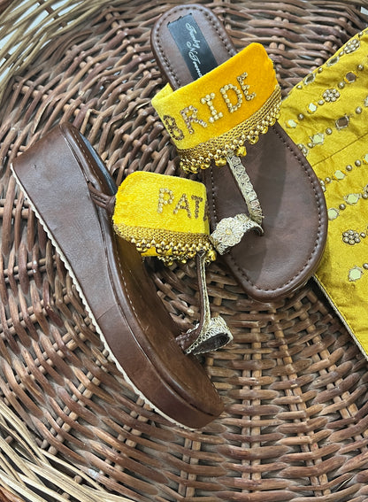 FUNKY N TRENDY Pataka Dulhan Heel Kolhapuri/ pataka dulhan heels/ yellow heels/ yellow kolhapuris/ heels for haldi ceremony/ haldi footwear