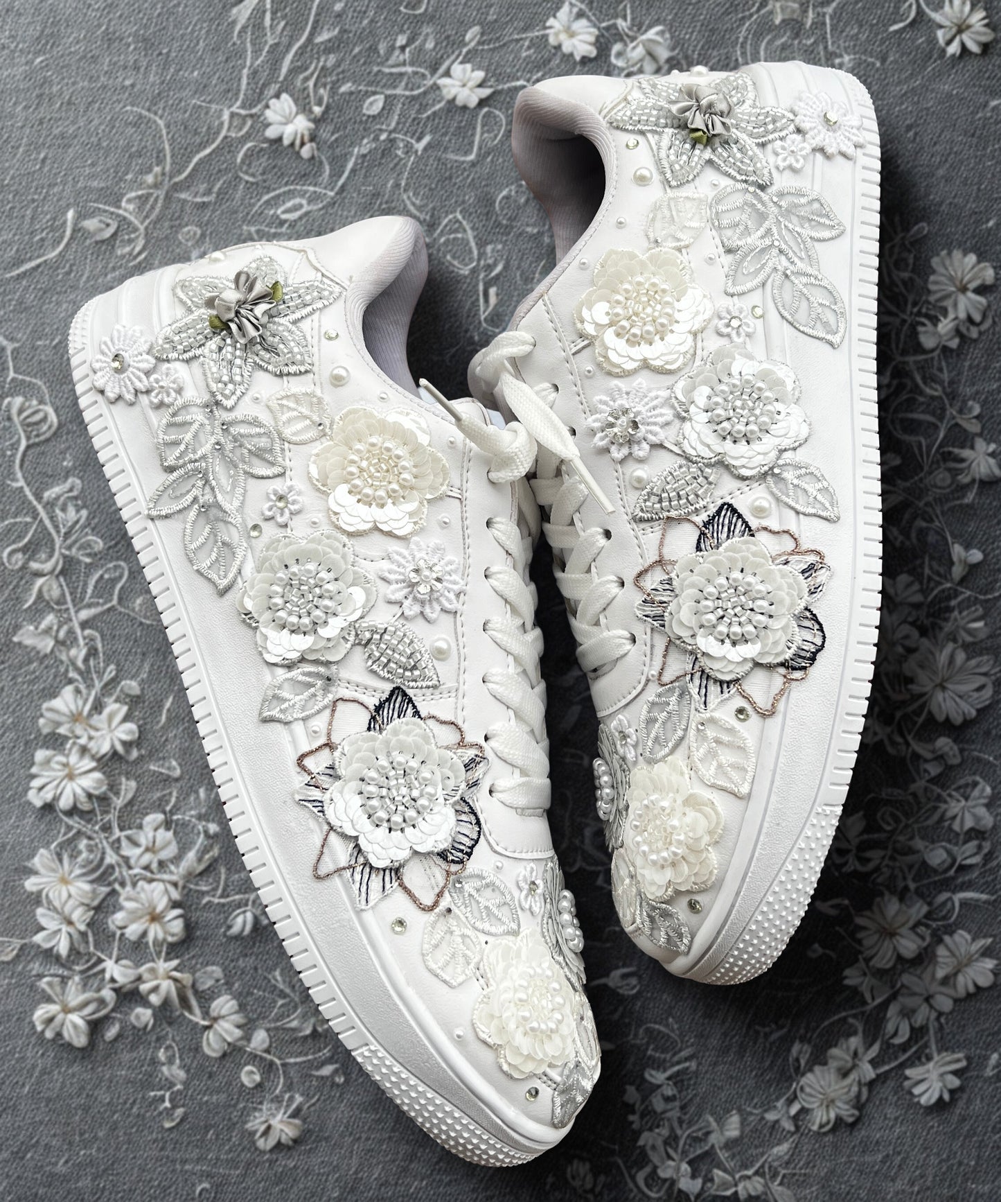 Funky N Trendy white gray
“Floral garden Bridal Sneakers/ bridesmaid sneakers – Embroidered Magic”