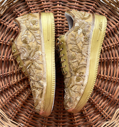 Funky N Trendy Handcrafted Golden Bridal Sneakers – Custom cutdana Embroidery for Brides & Bridesmaids