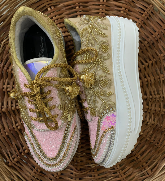 FUNKY N TRENDY baby pink and gold sneakers for brides / bridesmaids/ pink sneakers / baby pink sneakers / bridal sneakers / bridesmaid sneakers/ golden hand work sneakers