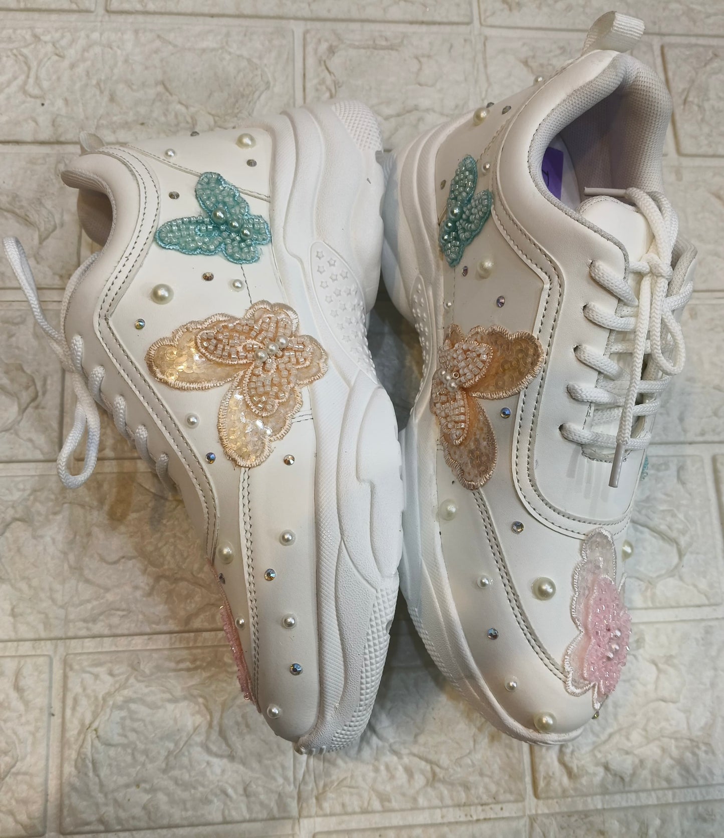 FUNKY N TRENDY colorful butterfly embroidery sneakers for brides /white silver embroidered sneakers/ handcrafted sneakers/ butterfly sneakers / bridal sneakers / bridesmaid sneakers/ white sneakers/ pink sneaker