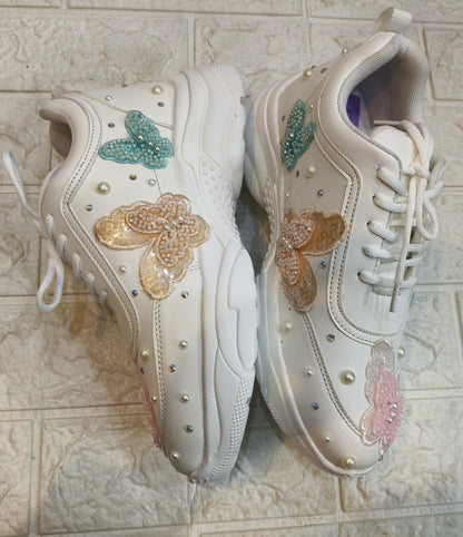 FUNKY N TRENDY colorful butterfly embroidery sneakers for brides /white silver embroidered sneakers/ handcrafted sneakers/ butterfly sneakers / bridal sneakers / bridesmaid sneakers/ white sneakers/ pink sneaker
