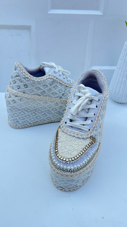 Handcrafted Bridal Sneakers for Brides – Wedding Shoes | Funky N Trendy | Ivory wedges | ivory sneakers