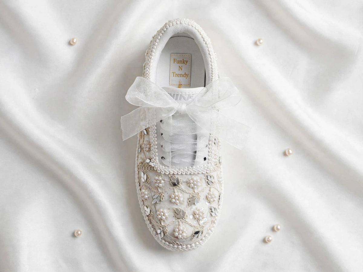 Pearl Embellished Bridal Sneakers – Handmade Wedding Shoes for Brides & Bridesmaids with customized name / hashtag