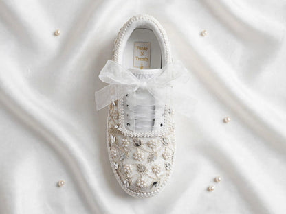 Pearl Embellished Bridal Sneakers – Handmade Wedding Shoes for Brides & Bridesmaids with customized name / hashtag
