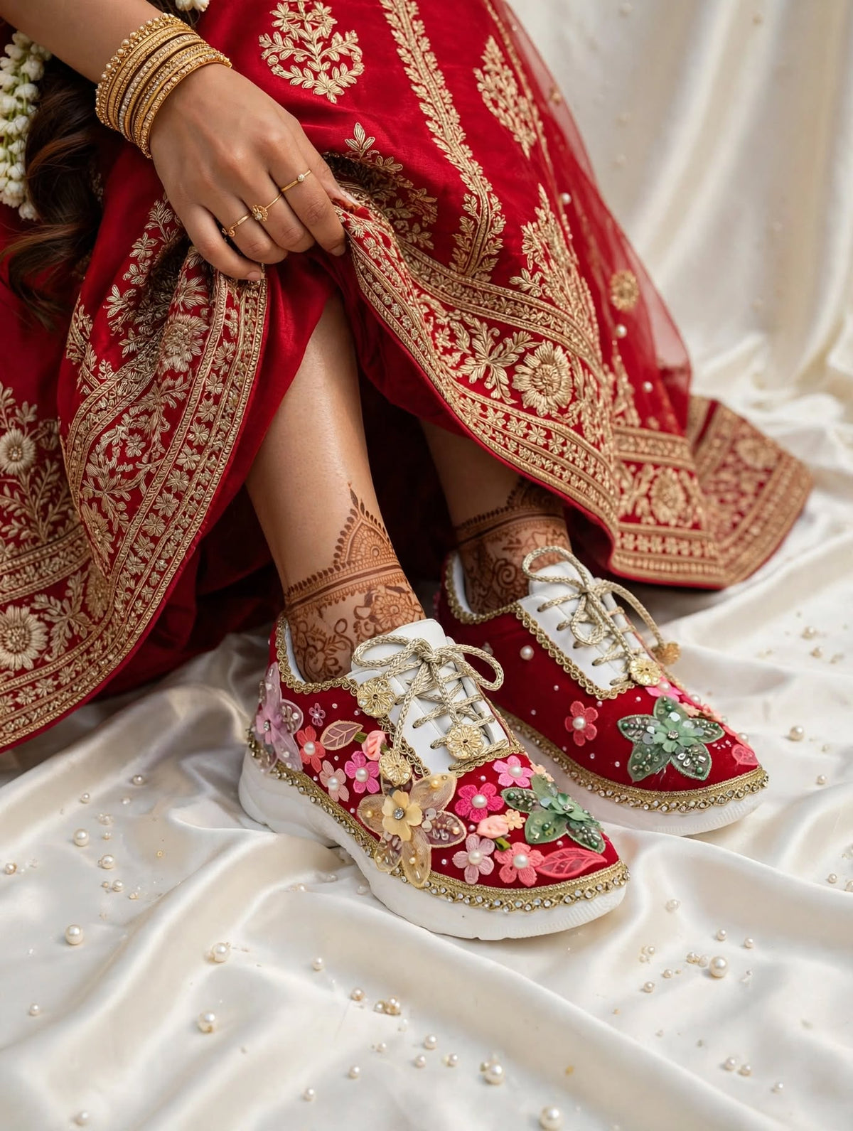 Laal Ishq - Red Bridal Sneakers with Multicolor Floral Embroidery & Pearls