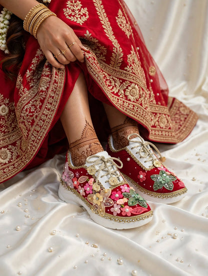 Laal Ishq - Red Bridal Sneakers with Multicolor Floral Embroidery & Pearls