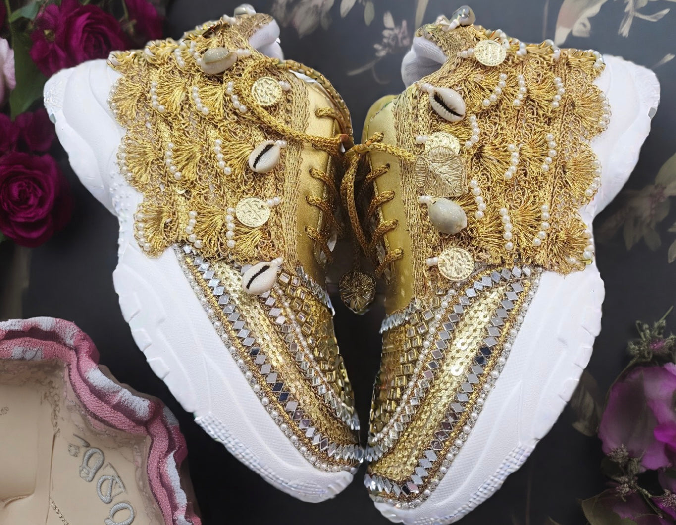 FUNKY N TRENDY gold sneakers for brides / gold sneakers for bridesmaids/ gold sneakers / bridal sneakers / bridesmaid sneakers/ golden hand work sneakers / gold sneakers / embroidered sneakers
