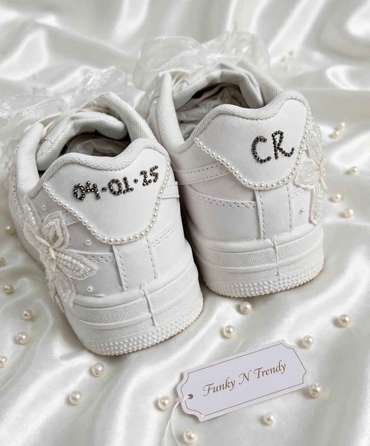 The Pearl - Hand Embroidered White Bridal Sneakers with Pearl Flowers