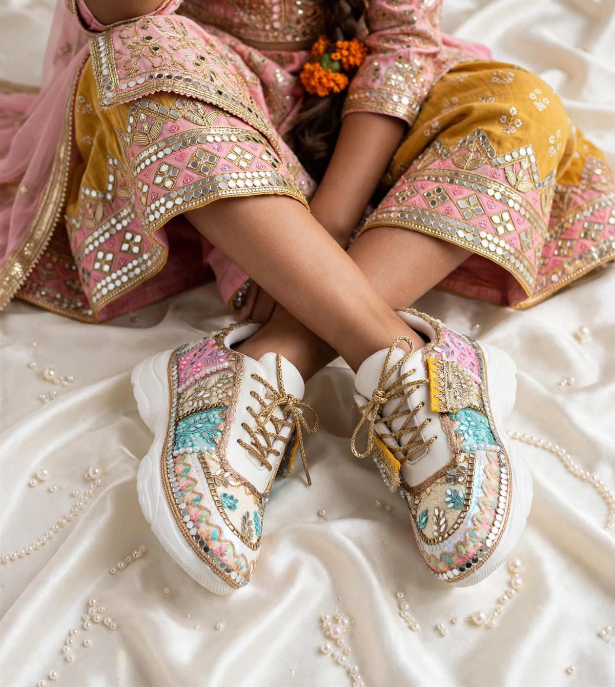 RANG RAAS - Multicolor Hand Embroidered Bridal Sneakers | Mirror Sequin Pearl Wedding Sneakers