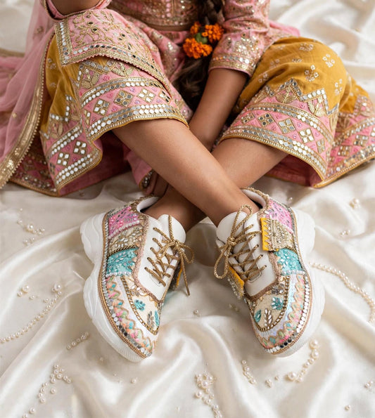 RANG RAAS - Multicolor Hand Embroidered Bridal Sneakers | Mirror Sequin Pearl Wedding Sneakers