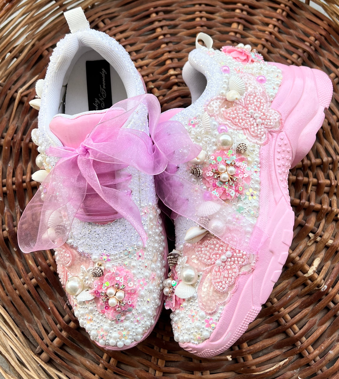 FUNKY N TRENDY pink/white floral butterfly theme sneakers with shells pearls detailing for brides / bridesmaids / bridal sneakers / bridesmaid sneakers / bridal shoes/ pink shoes / pink sneakers/ cocktail sneakers