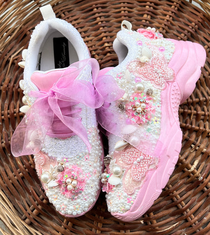 FUNKY N TRENDY pink/white floral butterfly theme sneakers with shells pearls detailing for brides / bridesmaids / bridal sneakers / bridesmaid sneakers / bridal shoes/ pink shoes / pink sneakers/ cocktail sneakers