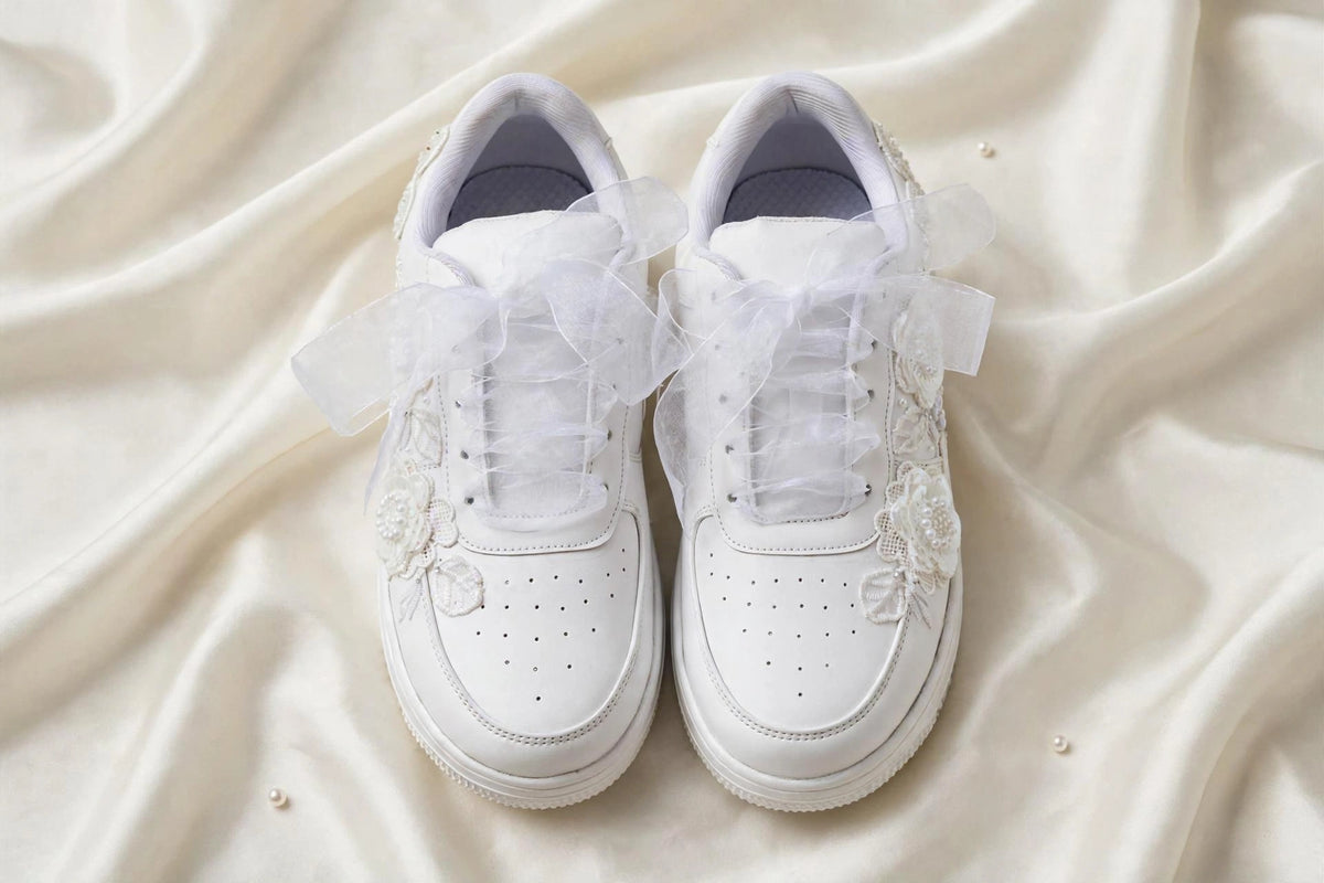 ELARA - Handcrafted White Floral Pearl Bridal Sneakers with Organza Ribbon Laces