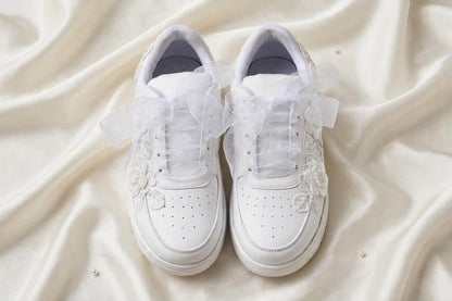 ELARA - Handcrafted White Floral Pearl Bridal Sneakers with Organza Ribbon Laces