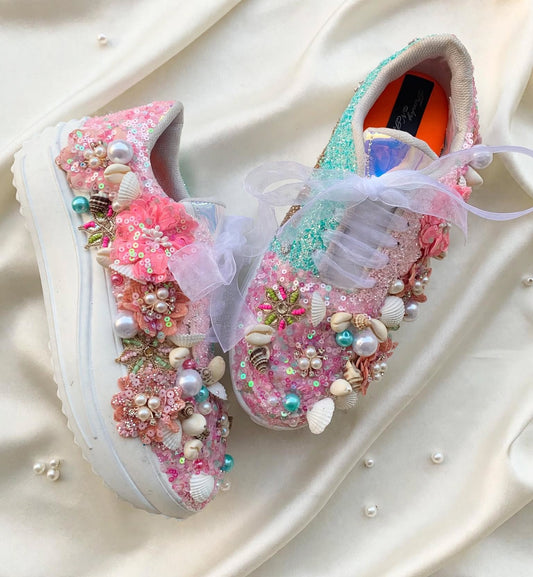 FUNKY N TRENDY floral theme hand work sneakers for brides / bridesmaids/ shells sneakers / pearls sneakers / blue and pink shoes / pink and blue sneakers