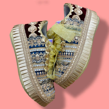 Funky N Trendy peacock blue zari work with mirror detailing bridal sneakers/ bridesmaid sneaker / golden sneakers/ maroon sneakers / blue shoes for bride/ maroon sneakers