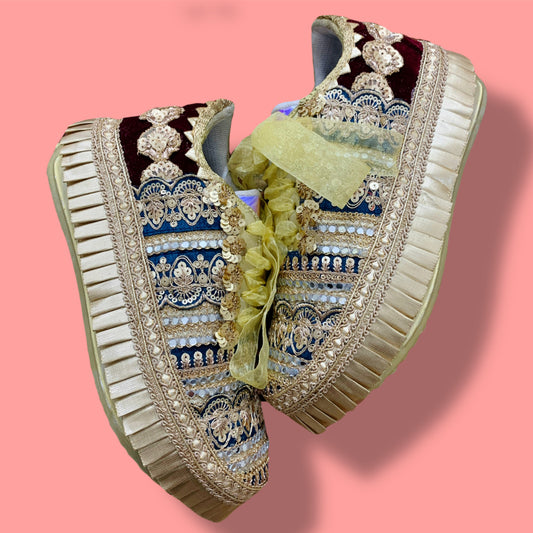 Funky N Trendy peacock blue zari work with mirror detailing bridal sneakers/ bridesmaid sneaker / golden sneakers/ maroon sneakers / blue shoes for bride/ maroon sneakers